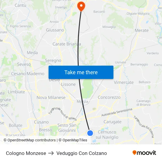 Cologno Monzese to Veduggio con Colzano map