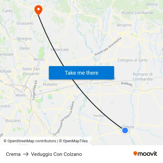 Crema to Veduggio con Colzano map
