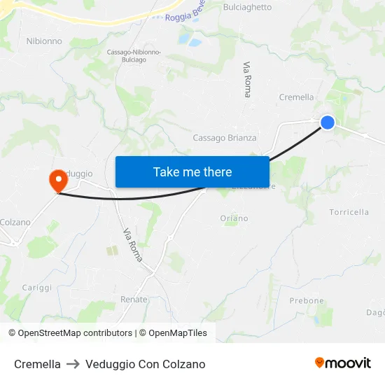 Cremella to Veduggio con Colzano map