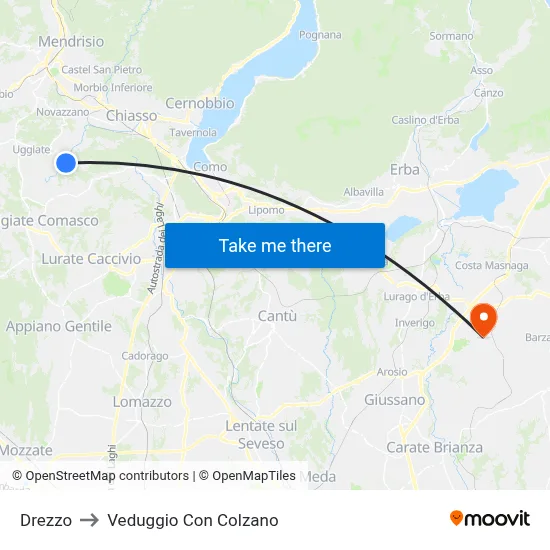 Drezzo to Veduggio con Colzano map