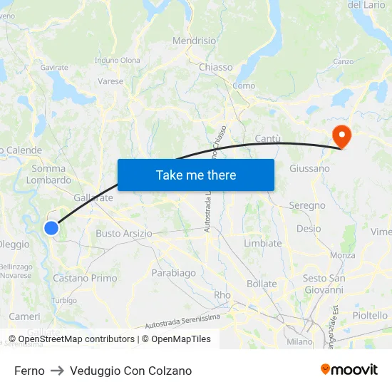Ferno to Veduggio con Colzano map