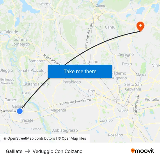 Galliate to Veduggio con Colzano map