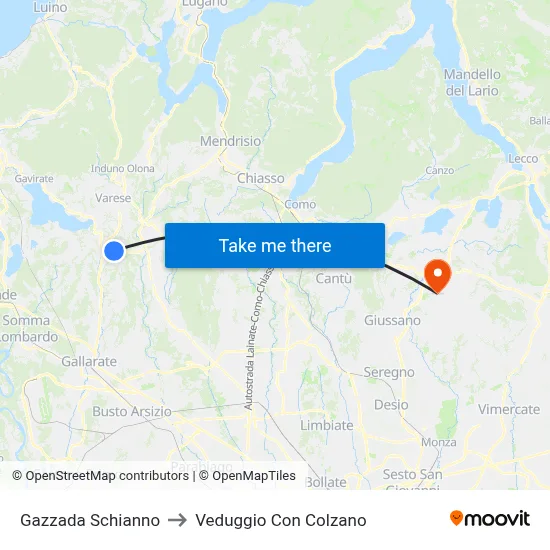 Gazzada Schianno to Veduggio con Colzano map