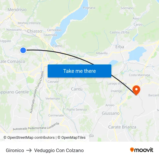 Gironico to Veduggio con Colzano map