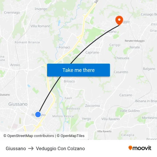 Giussano to Veduggio con Colzano map