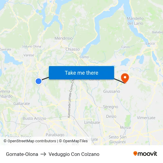 Gornate-Olona to Veduggio con Colzano map