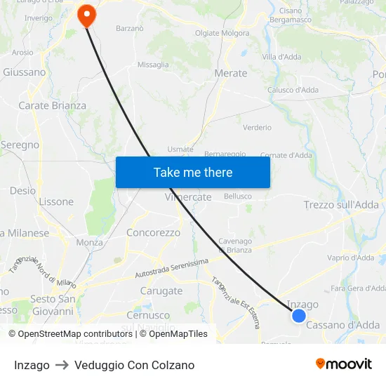 Inzago to Veduggio Con Colzano map