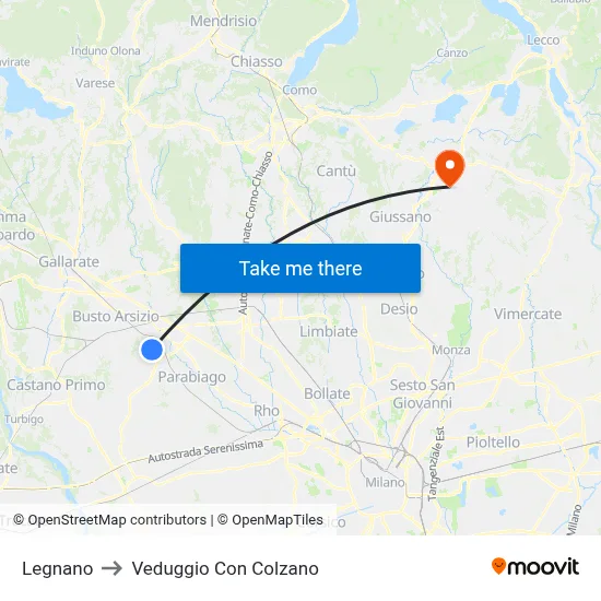 Legnano to Veduggio con Colzano map