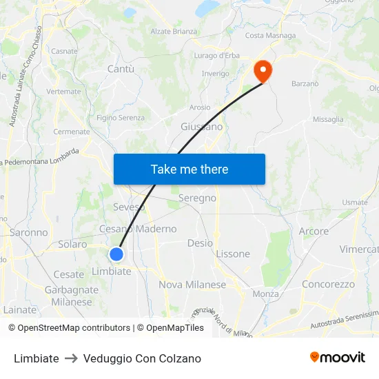 Limbiate to Veduggio con Colzano map