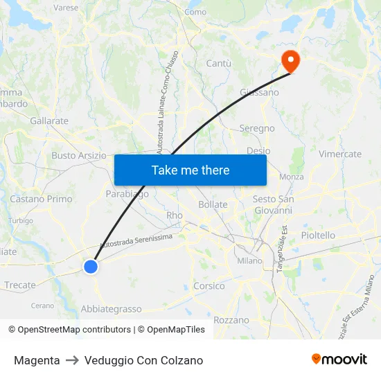 Magenta to Veduggio con Colzano map