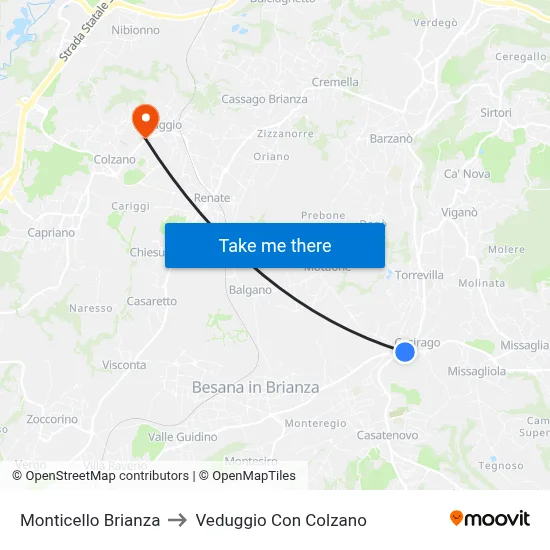 Monticello Brianza to Veduggio con Colzano map