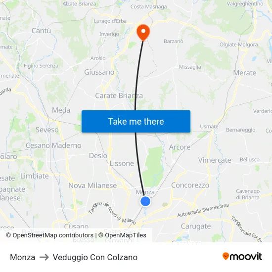 Monza to Veduggio Con Colzano map