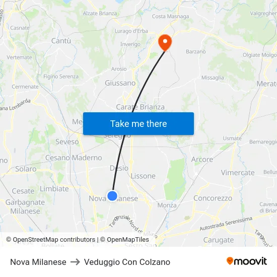 Nova Milanese to Veduggio Con Colzano map