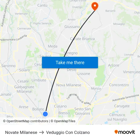 Novate Milanese to Veduggio Con Colzano map