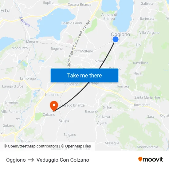 Oggiono to Veduggio con Colzano map