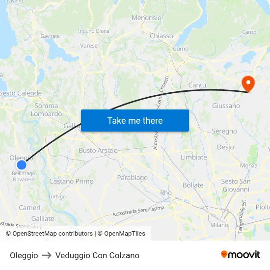 Oleggio to Veduggio Con Colzano map