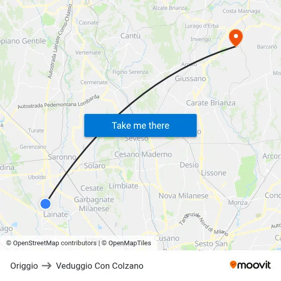 Origgio to Veduggio Con Colzano map