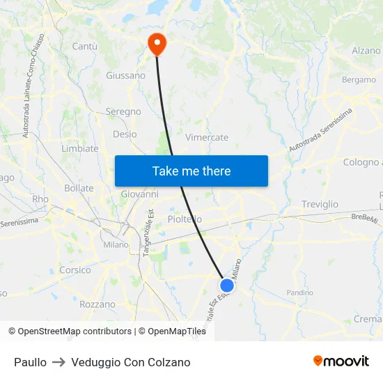 Paullo to Veduggio Con Colzano map