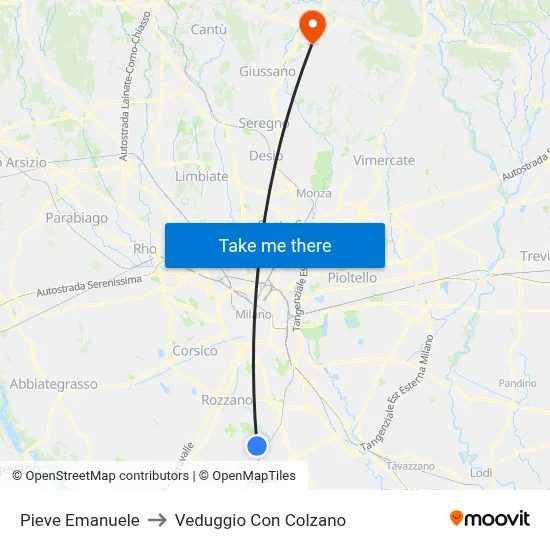 Pieve Emanuele to Veduggio Con Colzano map