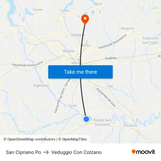 San Cipriano Po to Veduggio Con Colzano map
