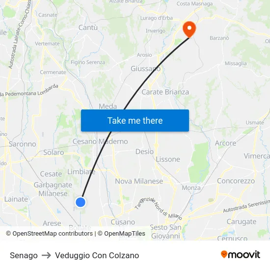 Senago to Veduggio Con Colzano map
