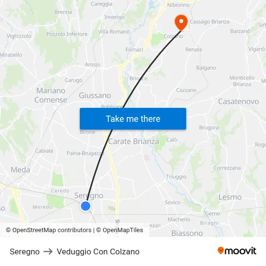 Seregno to Veduggio Con Colzano map