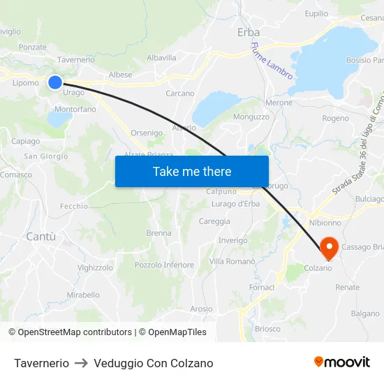 Tavernerio to Veduggio Con Colzano map