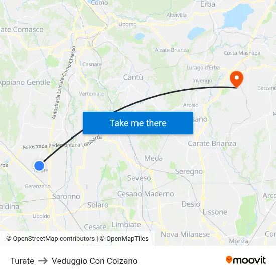 Turate to Veduggio Con Colzano map
