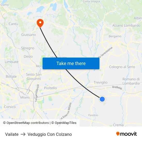 Vailate to Veduggio Con Colzano map