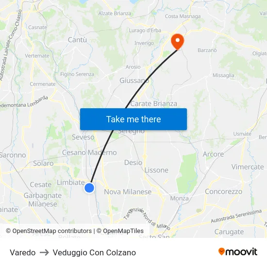 Varedo to Veduggio Con Colzano map