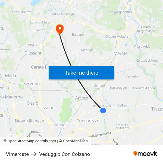 Vimercate to Veduggio Con Colzano map