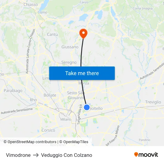 Vimodrone to Veduggio Con Colzano map