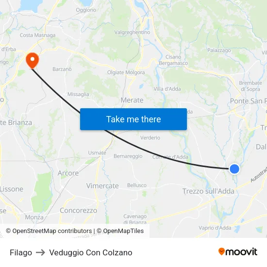Filago to Veduggio Con Colzano map