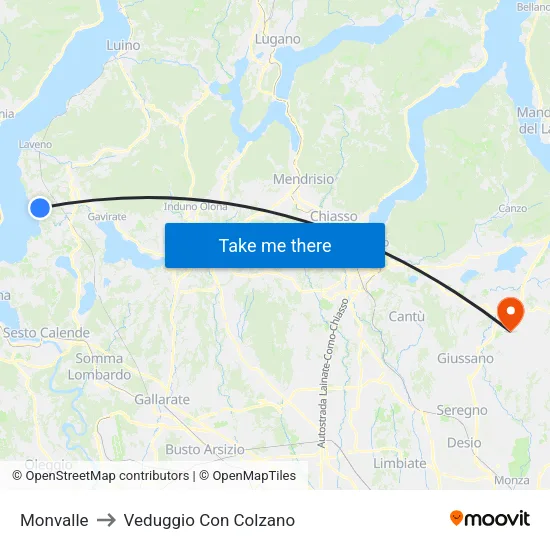 Monvalle to Veduggio Con Colzano map