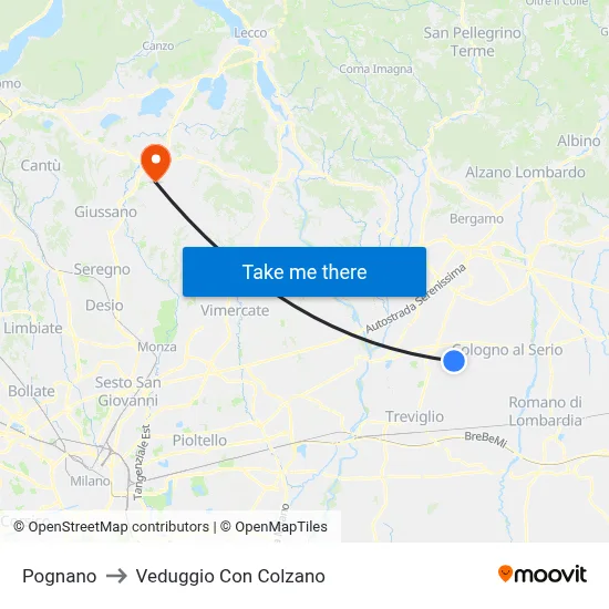 Pognano to Veduggio Con Colzano map