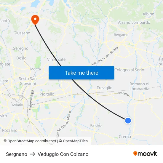 Sergnano to Veduggio Con Colzano map