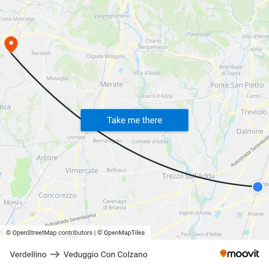 Verdellino to Veduggio Con Colzano map