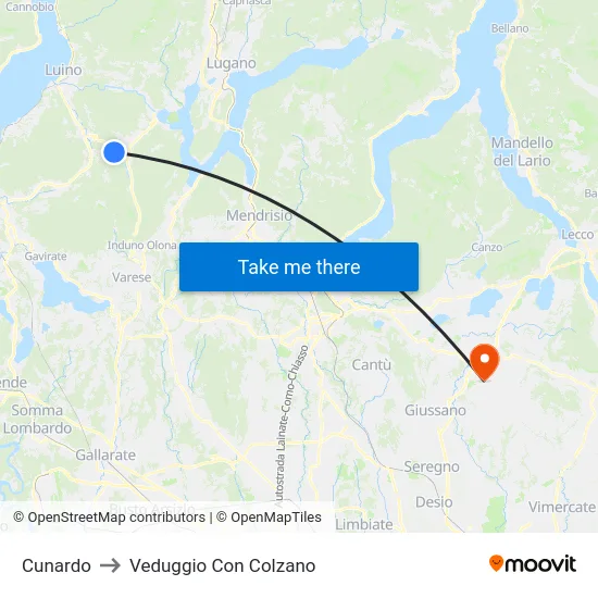 Cunardo to Veduggio Con Colzano map