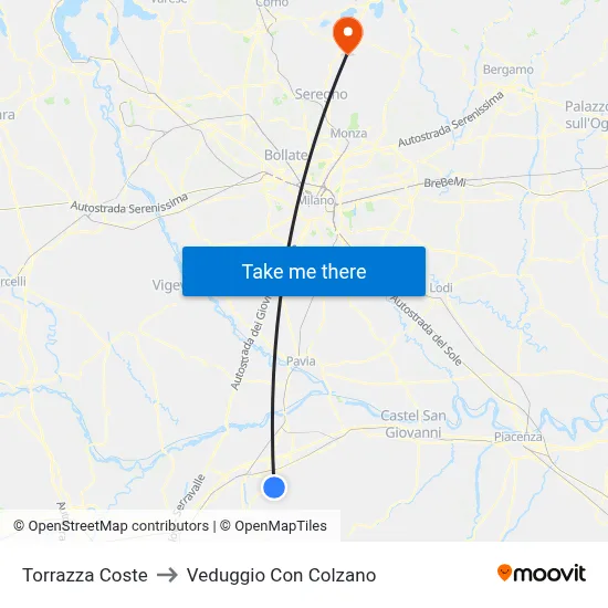 Torrazza Coste to Veduggio con Colzano map