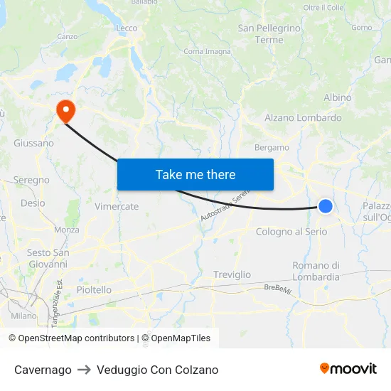 Cavernago to Veduggio Con Colzano map