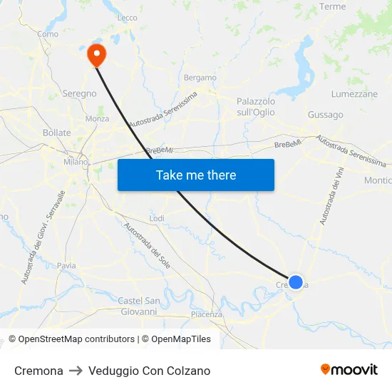 Cremona to Veduggio con Colzano map