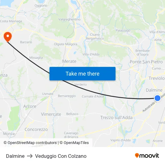 Dalmine to Veduggio con Colzano map