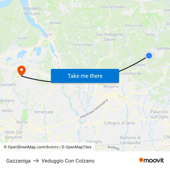 Gazzaniga to Veduggio con Colzano map