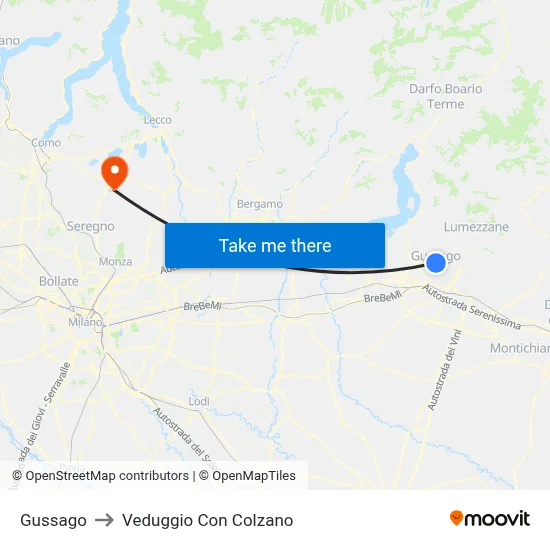 Gussago to Veduggio con Colzano map