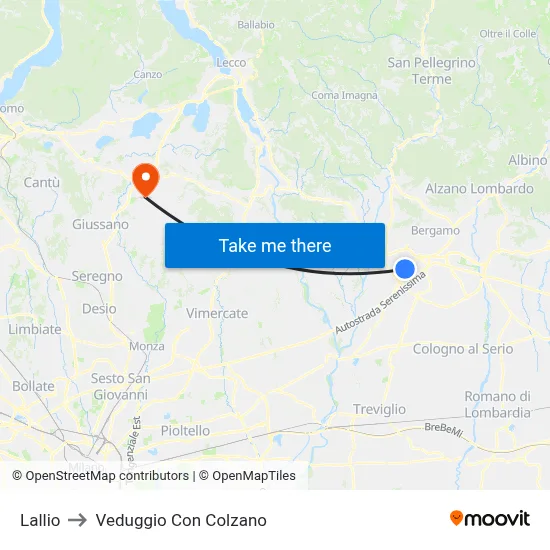 Lallio to Veduggio con Colzano map
