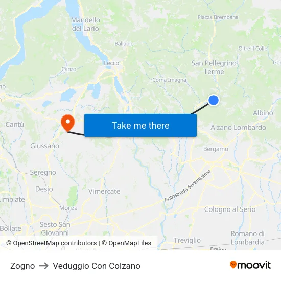 Zogno to Veduggio Con Colzano map