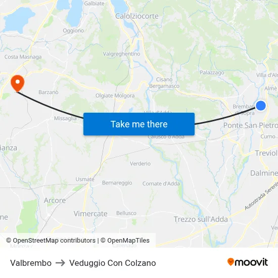 Valbrembo to Veduggio Con Colzano map