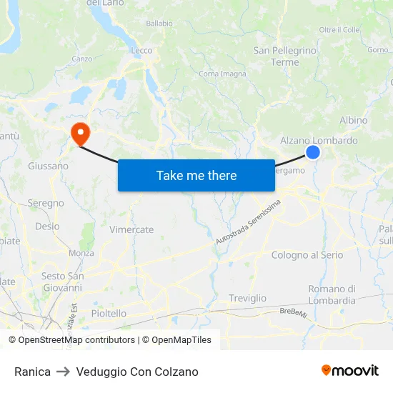 Ranica to Veduggio con Colzano map