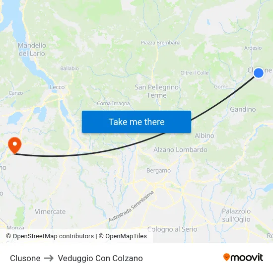 Clusone to Veduggio Con Colzano map