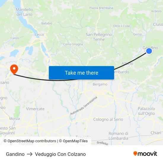 Gandino to Veduggio Con Colzano map